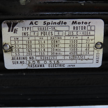 Yaskawa UAASE-5K 3.7/5.5kW AC Spindle Motor 160/165/200V 1500/4500RPM
