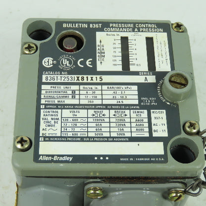 Allen Bradley 836T-T253JX81X15 Ser A Pressure Control Switch 350PSI Max Press