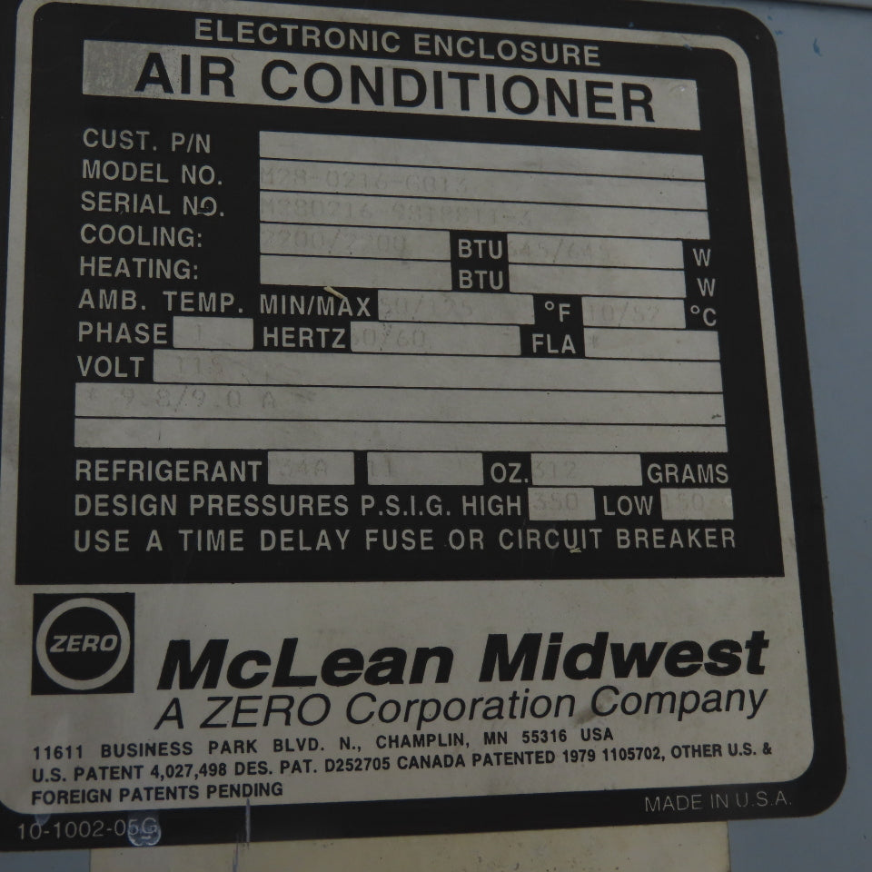 Mclean M128-0216-G013 Electrical Enclosure Air Conditioner 2200BTU 115VAC 1PH