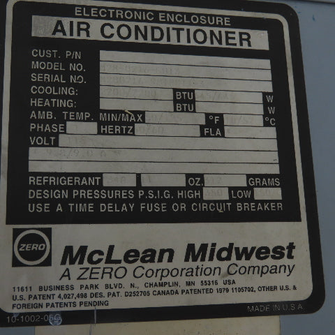 Mclean M128-0216-G013 Electrical Enclosure Air Conditioner 2200BTU 115VAC 1PH