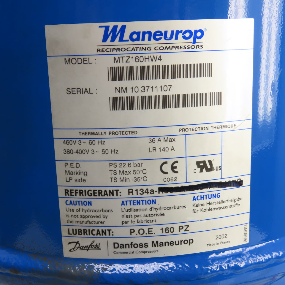 Danfoss Maneurop MTZ160HW4 Hermetic Reciprocating Compressor 460V 3PH Tested