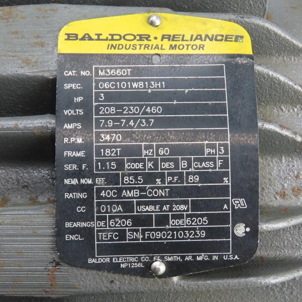 Baldor M3660T 3HP AC Electric Motor 3470RPM 208-230/460V 3PH 182T Frame Tested