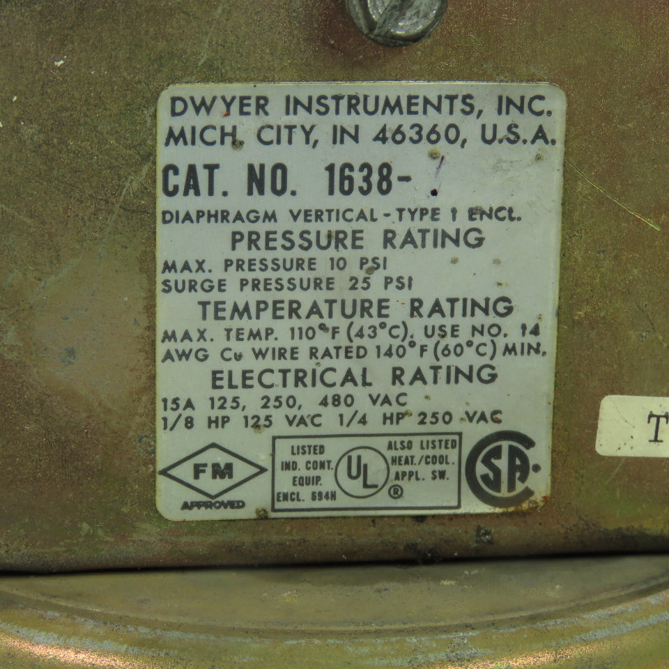 Dwyer 1638-* Diaphragm Pressure Switch 125/480VAC 25PSI