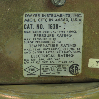 Dwyer 1638-* Diaphragm Pressure Switch 125/480VAC 25PSI