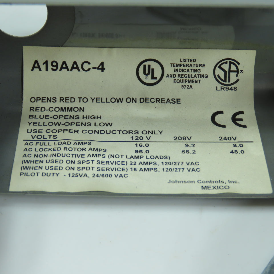 Johnson Controls A19AAC-4 Temperature Control Switch 120/240V