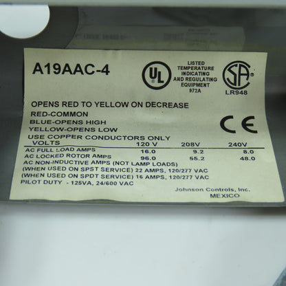 Johnson Controls A19AAC-4 Temperature Control Switch 120/240V