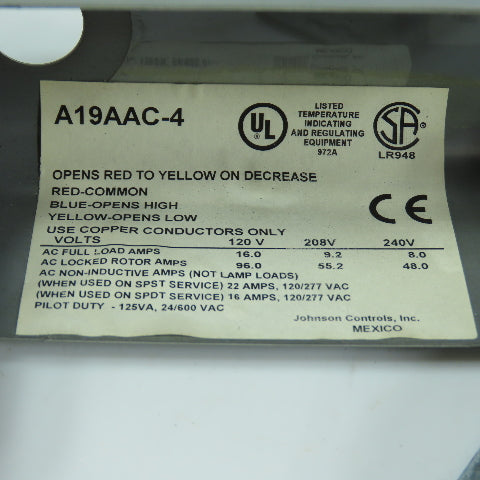Johnson Controls A19AAC-4 Temperature Control Switch 120/240V