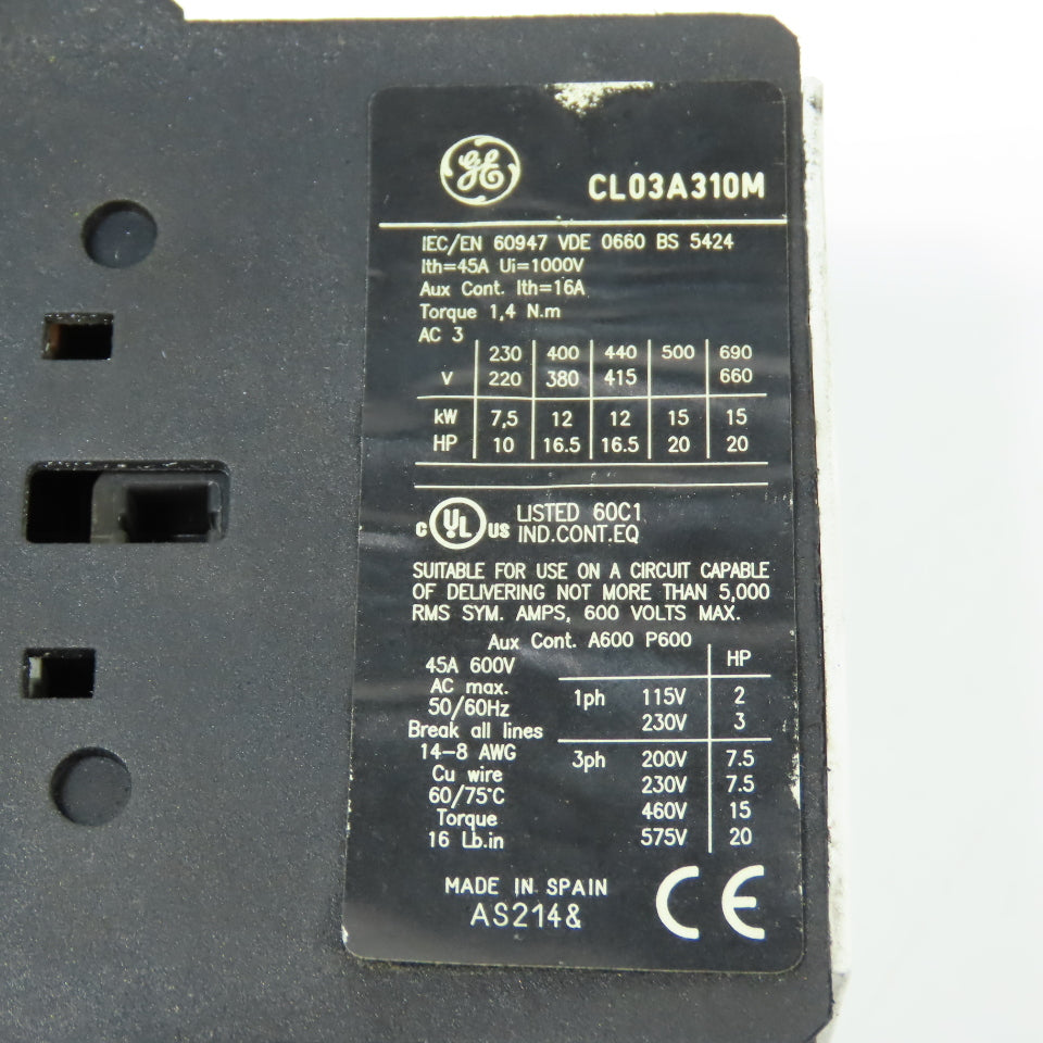 General Electric CL03A310M 3-Pole Power Contactor 45A 600V Max 24V DC Coil