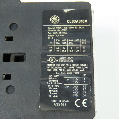 General Electric CL03A310M 3-Pole Power Contactor 45A 600V Max 24V DC Coil