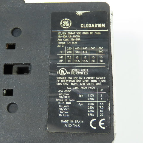 General Electric CL03A310M 3-Pole Power Contactor 45A 600V Max 24V DC Coil