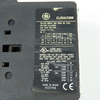 General Electric CL03A310M 3-Pole Power Contactor 45A 600V Max 24V DC Coil