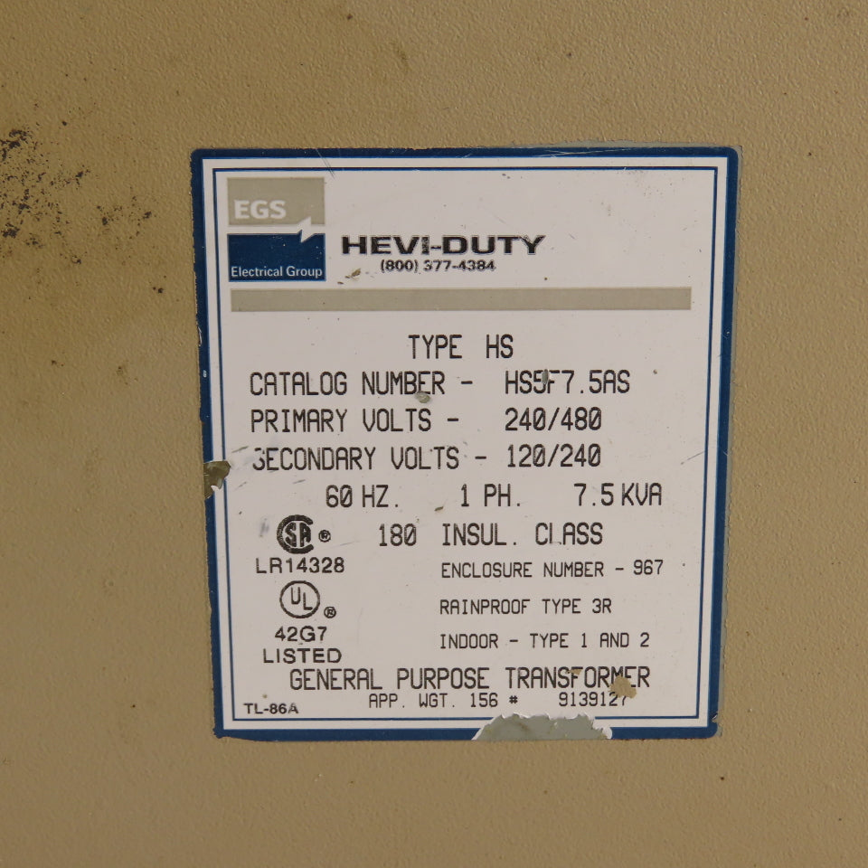 Hevi-Duty HS5F7.5AS 7.5kVA Single Phase Transformer Pri 240/480 Sec 120/240V 1PH