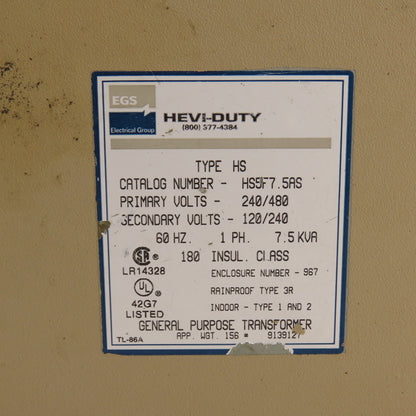 Hevi-Duty HS5F7.5AS 7.5kVA Single Phase Transformer Pri 240/480 Sec 120/240V 1PH