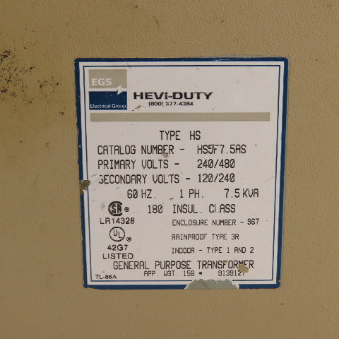 Hevi-Duty HS5F7.5AS 7.5kVA Single Phase Transformer Pri 240/480 Sec 120/240V 1PH
