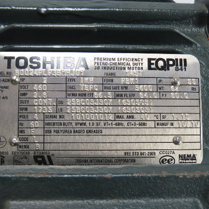 Toshiba B0024FLF3BHHJ01 2HP Induction Motor 3Ph 460V 145T Frame 1735RPM