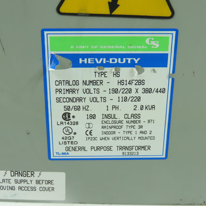 Hevi-Duty HS14F2BS 2KVA Transformer 190/220-380/440V Pri 110/220V Sec 1Ph