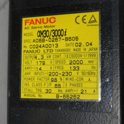 Fnauc A06B-0267-B605 4.3KW AC Servo Motor 179V 3Ph 2000RPM