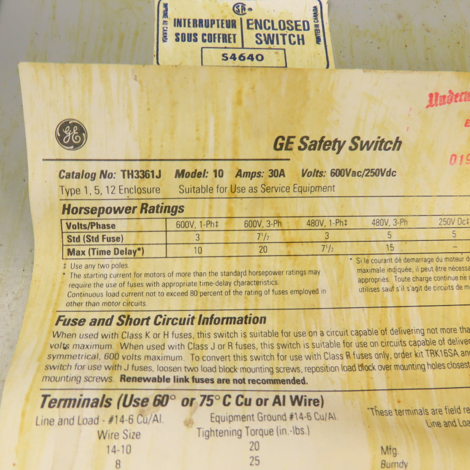 GE TH3361J 30A 600VAC Heavy Duty Fusible Disconnect Switch Type 1, 5, 12,