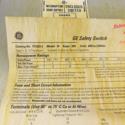GE TH3361J 30A 600VAC Heavy Duty Fusible Disconnect Switch Type 1, 5, 12,