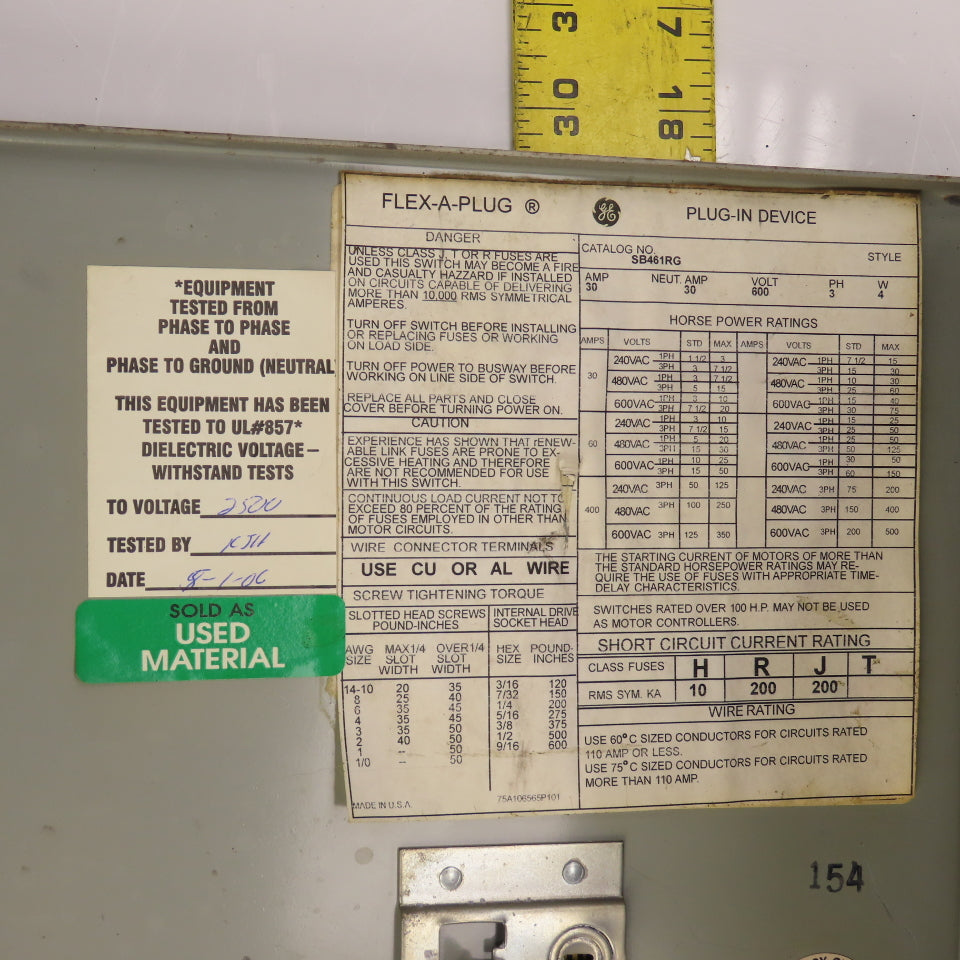General Electric SB461RG Flex-A-Plug 30A 600v Fusible Bus Plug Switch 3PH 4W