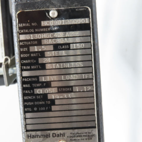 Hammel Dahl G130HGC42EA2B 1-1/2" NPT Globe Valve With Pneumatic Actuator