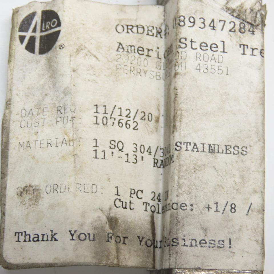 1" x 1" x 24" OAL 304/304L Stainless Flat Bar Stock