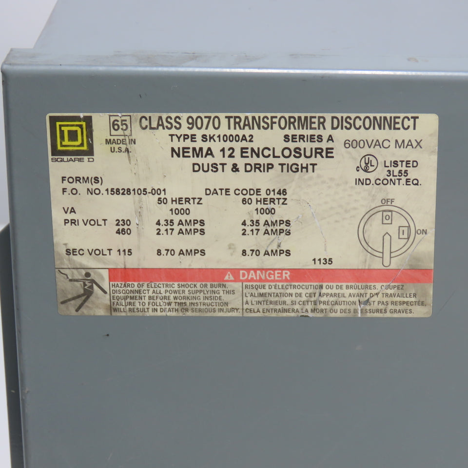 Square D SK1000A2 Class 9070 1000VA Transformer Disconnect 230/460V Pri 115V Sec