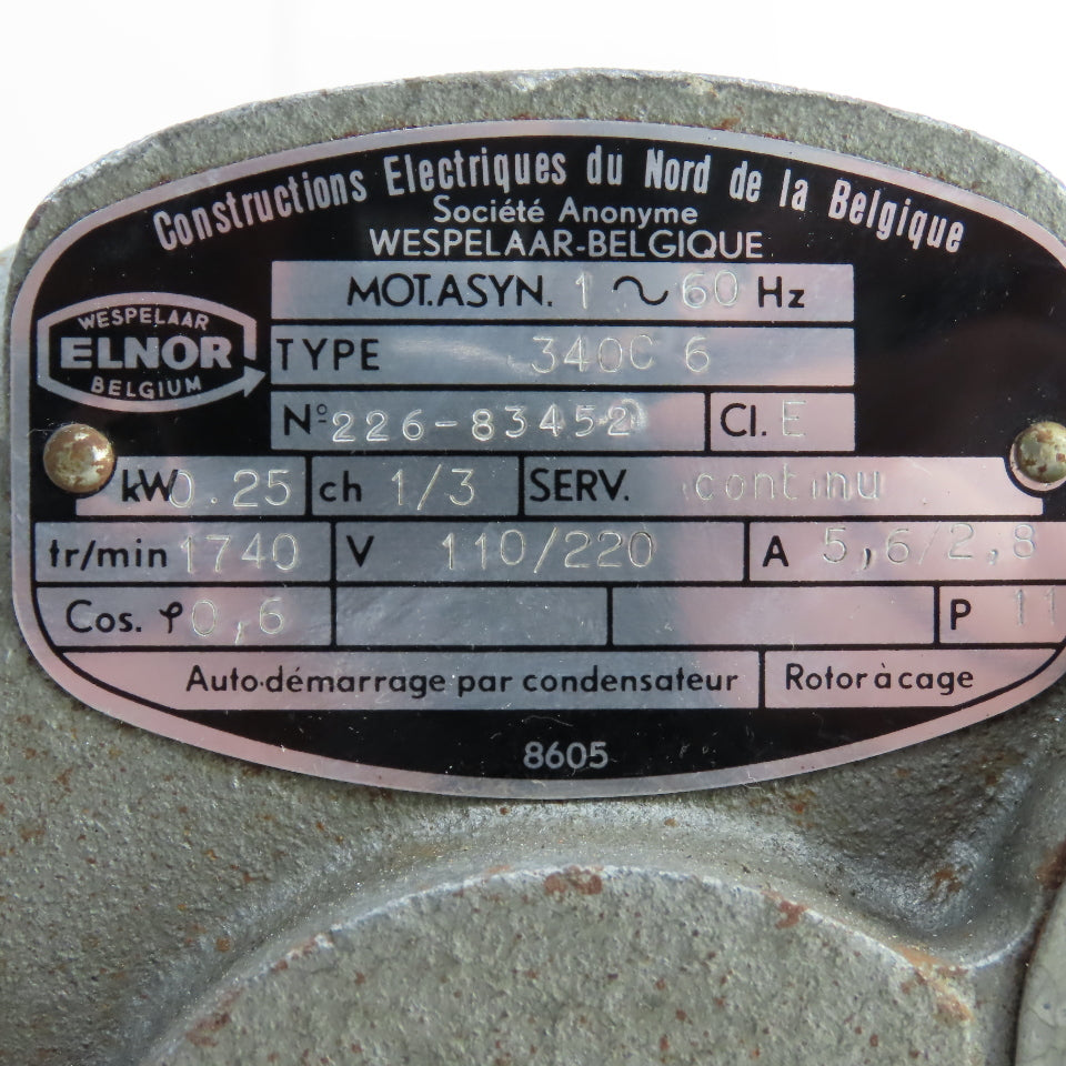 Constructions Electriques 340C6 0.25kW Electric Motor 1740RPM 110/220V 1PH