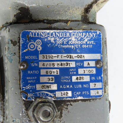 Allen-Lander 3192-FT-01L-024 60:1 Ratio Gear Motor 28.75RPM Output 230/460V 3Ph