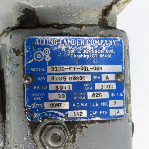 Allen-Lander 3192-FT-01L-024 60:1 Ratio Gear Motor 28.75RPM Output 230/460V 3Ph