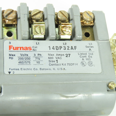 Furnas 14DP32AF Size 1 Motor Starter Contactor 600V 27A 120V Coil W/ Overload