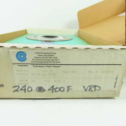 Continental Disk VRD-L 3" Rupture Disk 316-316-316-Teflon 240 PSIG @ 400°F