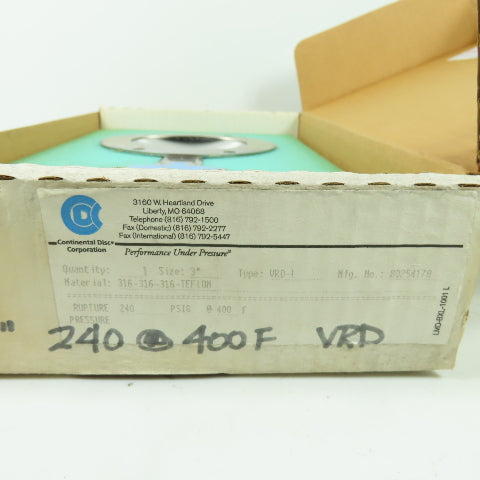 Continental Disk VRD-L 3" Rupture Disk 316-316-316-Teflon 240 PSIG @ 400°F