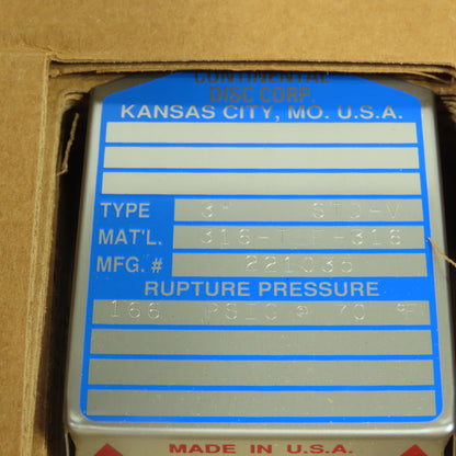 Continental Disk STD-V 3" Rupture Disk 316-Teflon-316 166 PSIG @ 70°F