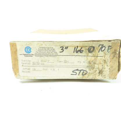 Continental Disk STD-V 3" Rupture Disk 316-Teflon-316 166 PSIG @ 70°F