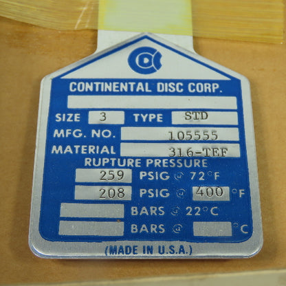 Continental Disk STD 3" Rupture Disk 316-TEF 259 PSIG @ 72°F