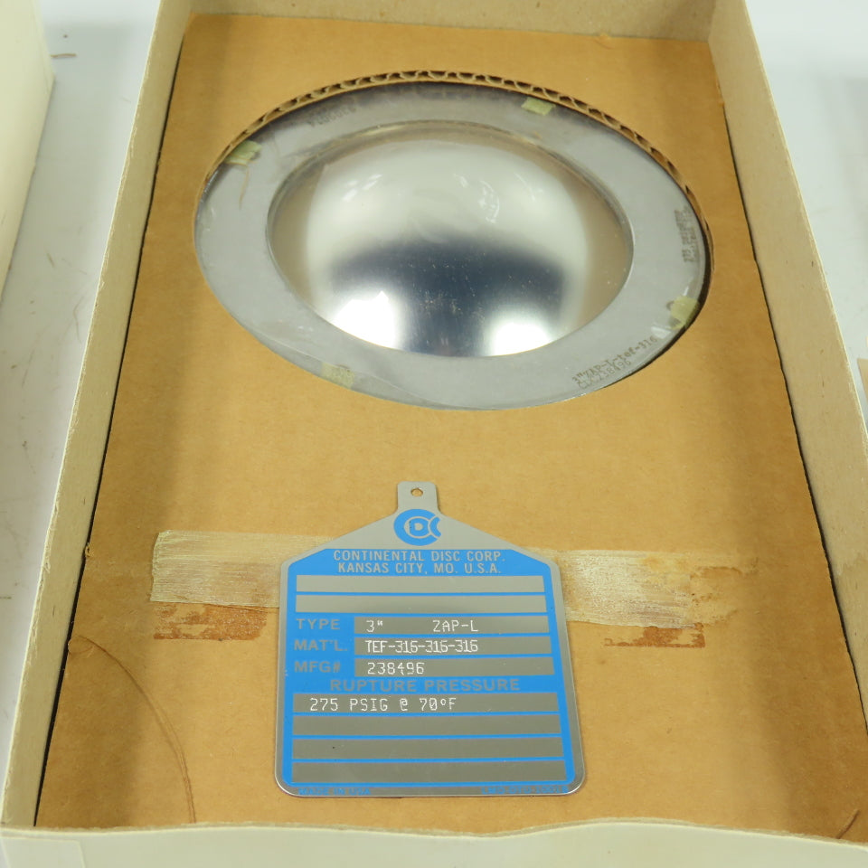 Continental Disk ZAP-L 3" Rupture Disk TEF-316-316-316 275 PSIG @ 70°F