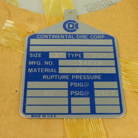 Continental Disk ZAP 3" Rupture Disk TEF-316-316-316 55 PSIG @ 390°F