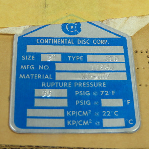 Continental Disk STD 3" Rupture Disk NI-TEF 55 PSIG @ 72°F Lot Of 2