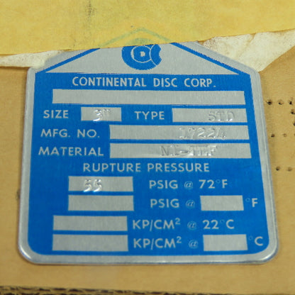 Continental Disk STD 3" Rupture Disk NI-TEF 55 PSIG @ 72°F Lot Of 2