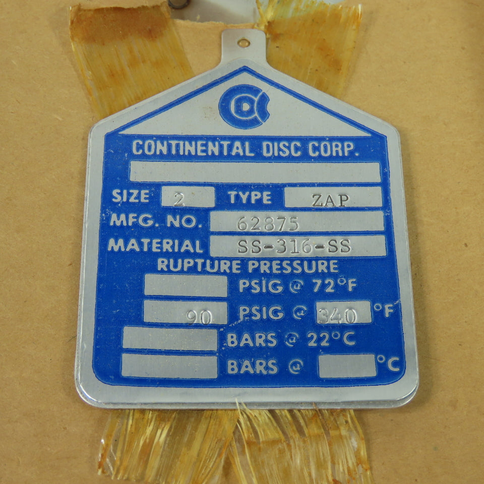 Continental Disk ZAP 2" Rupture Disk SS-316-SS 90 PSIG @ 340°F