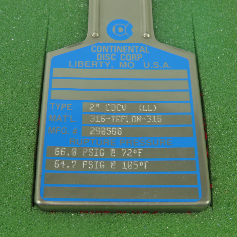 Continental Disk CDCV (LL) 2" Rupture Disk 316-TEFLON-316 66.0 PSIG @72°F Lot/ 2