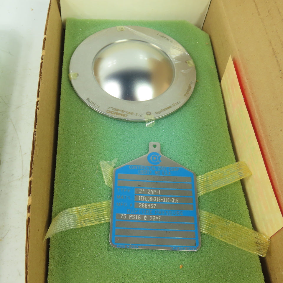 Continental Disk ZAP-L 2" Rupture Disk TEFLON-316-316-316 75 PSIG @ 72°F