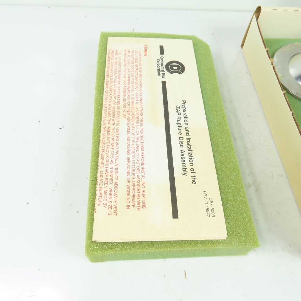 Continental Disk ZAP-L 2" Rupture Disk TEFLON-316-316-316 75 PSIG @ 72°F