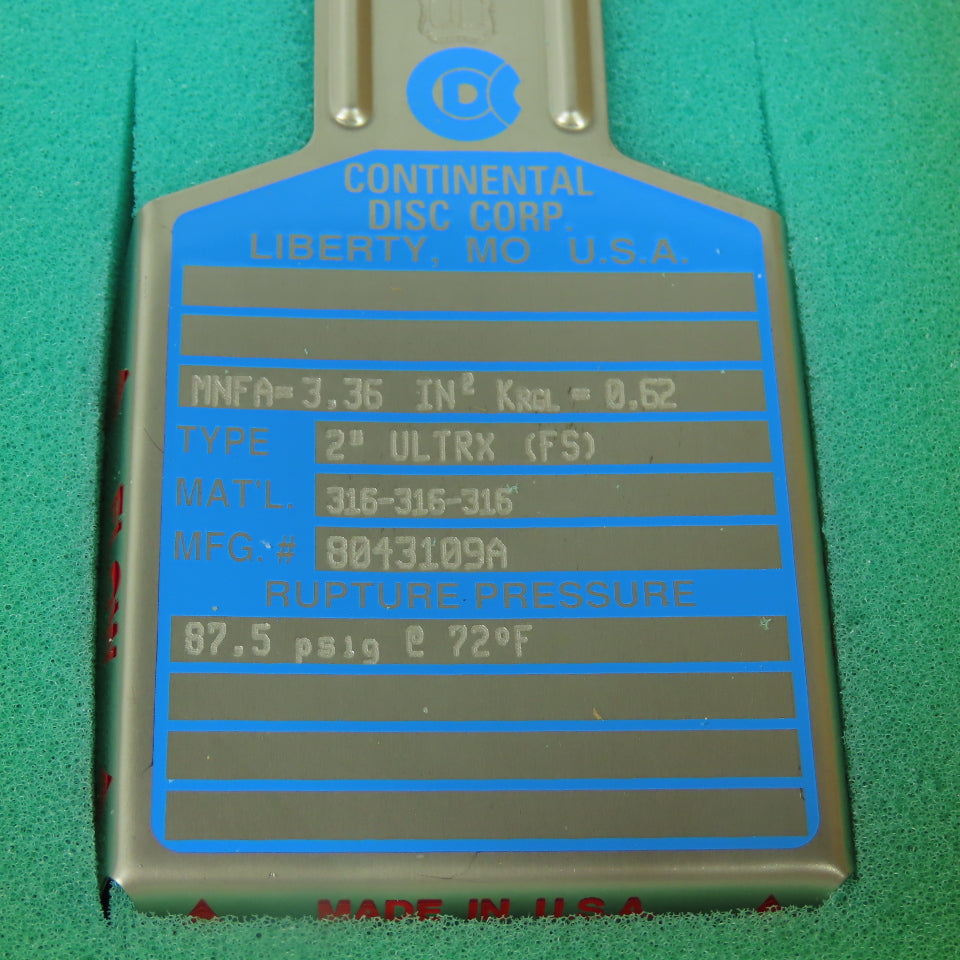 Continental Disk ULTRX (FS) 2" Rupture Disk 316-316-316 87.5 PSIG @ 72°F