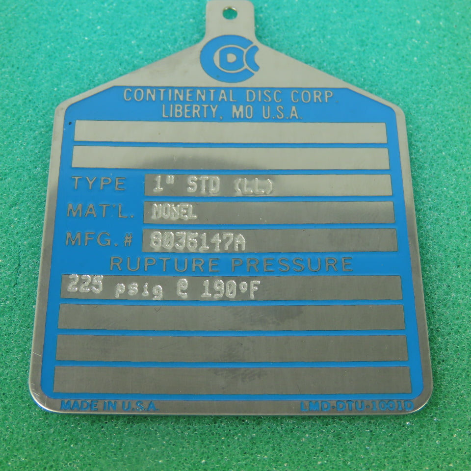 Continental Disk STD (LL) 1" Rupture Disk MONEL 225 PSIG @ 190°F Lot Of 2