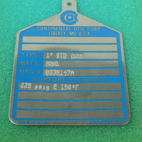 Continental Disk STD (LL) 1" Rupture Disk MONEL 225 PSIG @ 190°F Lot Of 2