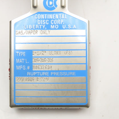 Continental Disc Corp. 1-1/2" Ultrx 316 Rupture Disc Gas/Vapor Only 273PSI 72°