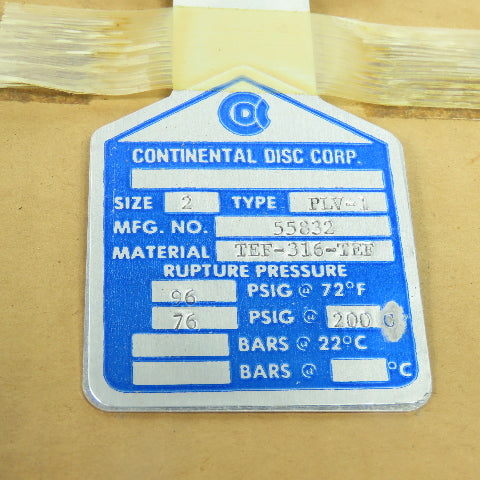 Continental Disk PLV-1 2" Rupture Disk TEF-316-TEF 96 PSIG @ 72°F Lot Of 2