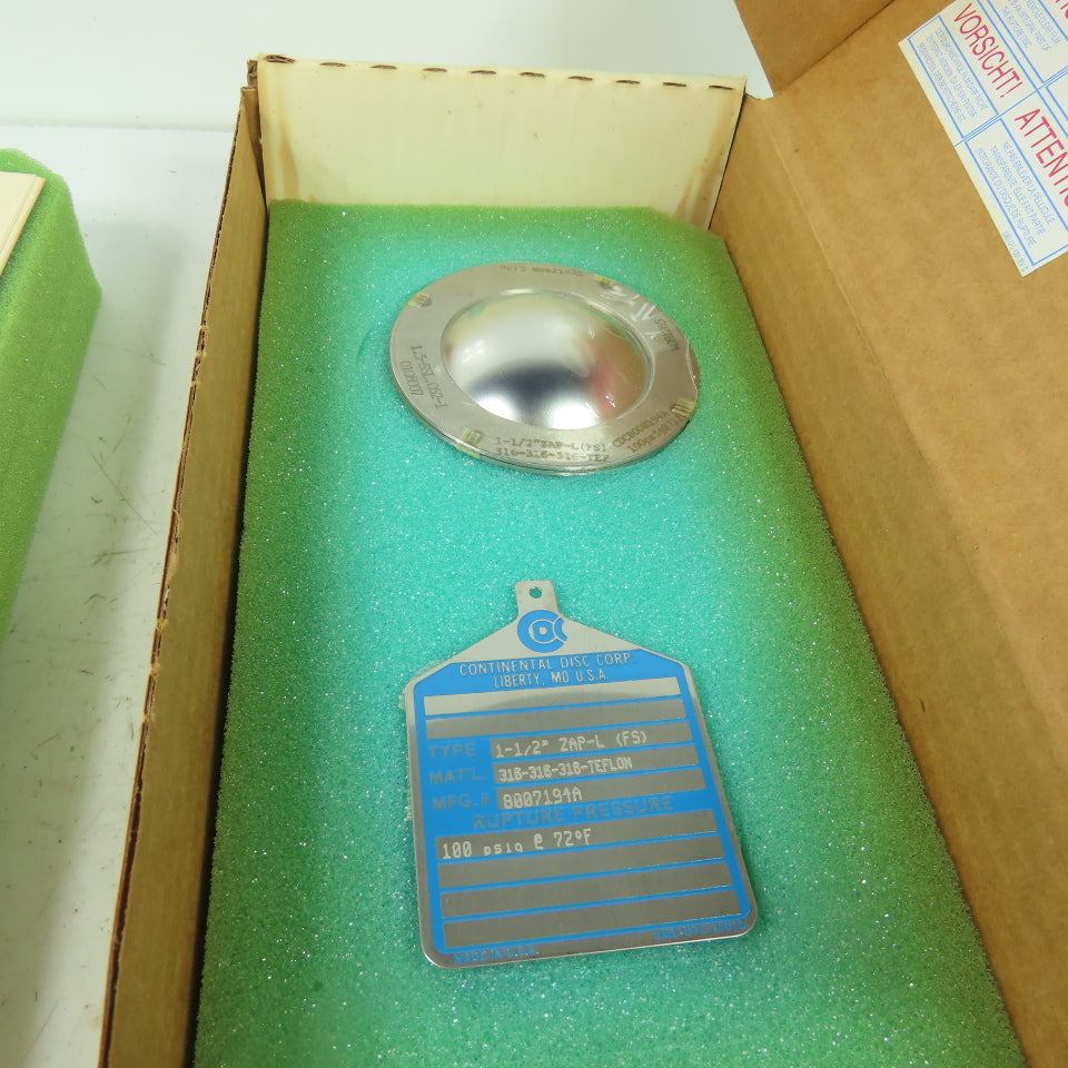 Continental Disk ZAP-L(FS) 1-1/2" Rupture Disk 316-316-316-TEFLON 100 PSIG @72°F